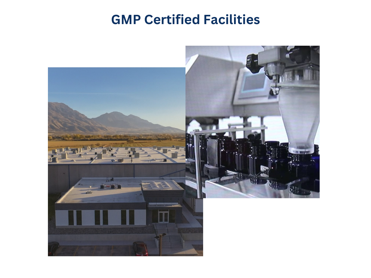 GMP certified facilities with a building and a machine in the foreground.