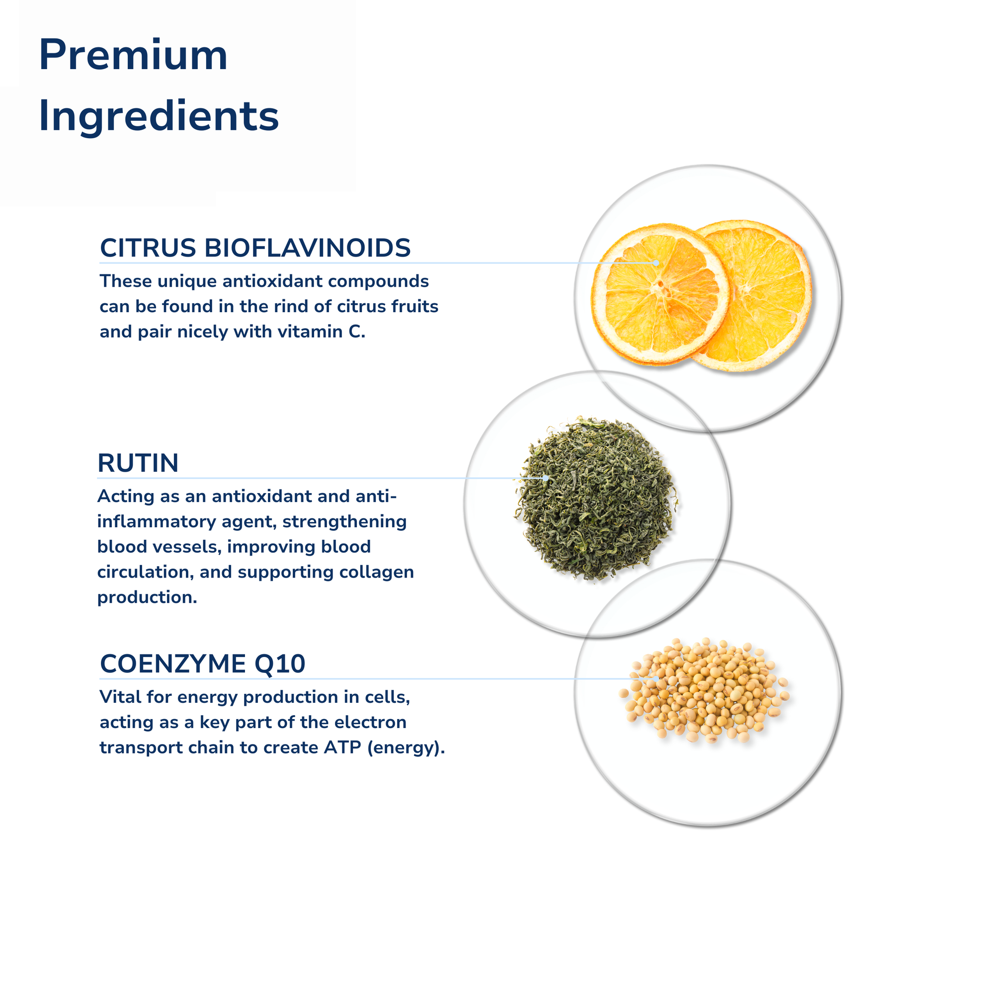 Premium ingredients with images of oranges, green leaves, and yellow seeds on a white background.