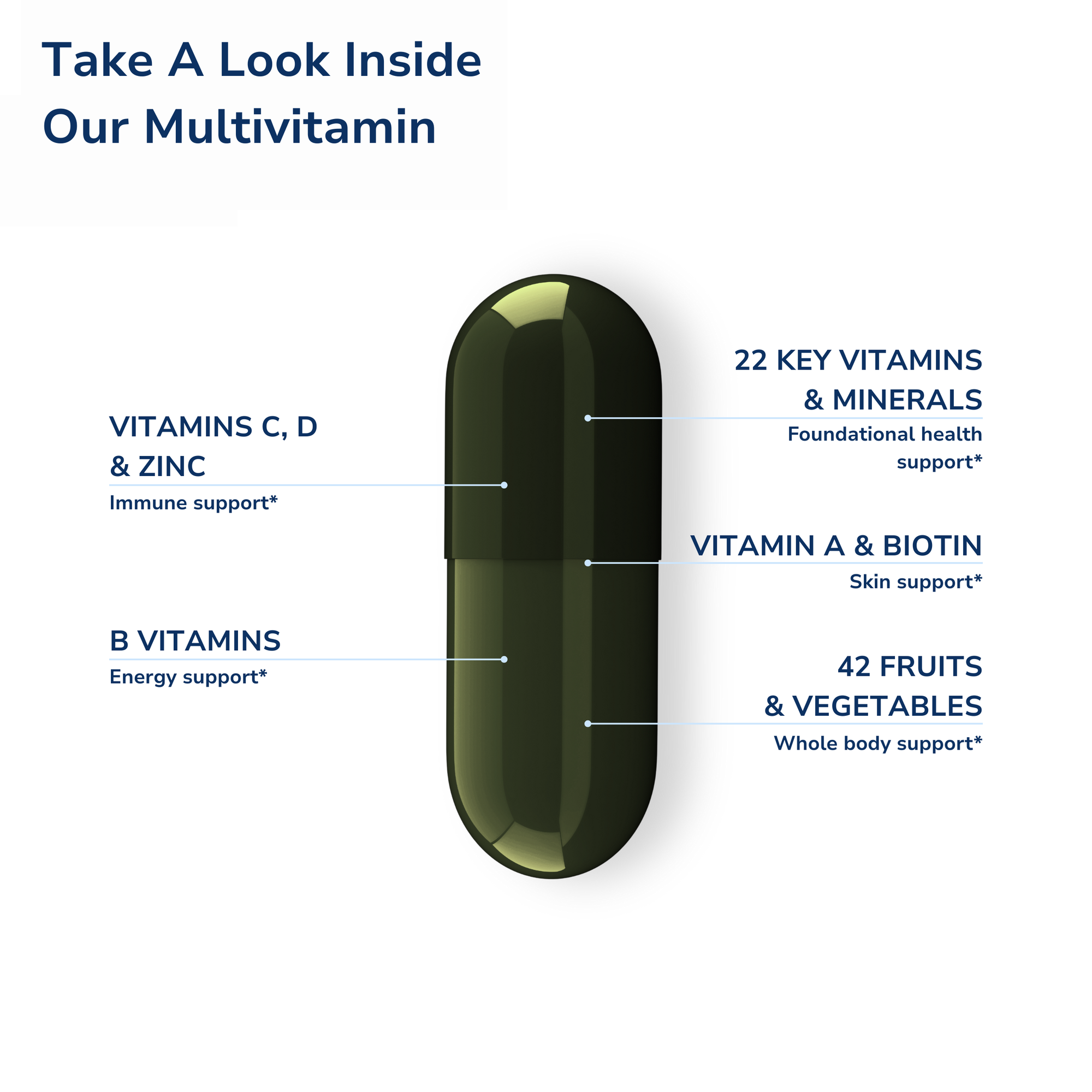 Multivitamin capsule with labeled vitamins on a white background