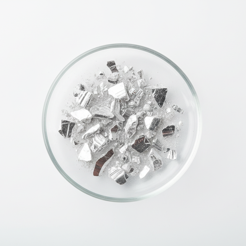 A white background, pharmaceutical photo with a glass disc. Inside the glass disc is powdered/small bits of elemental magnesium